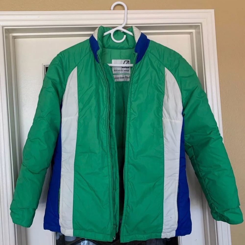 VINTAGE - 1970's Slalom Ski Wear Down Filled Green Blue White PARKA Jacket Retro